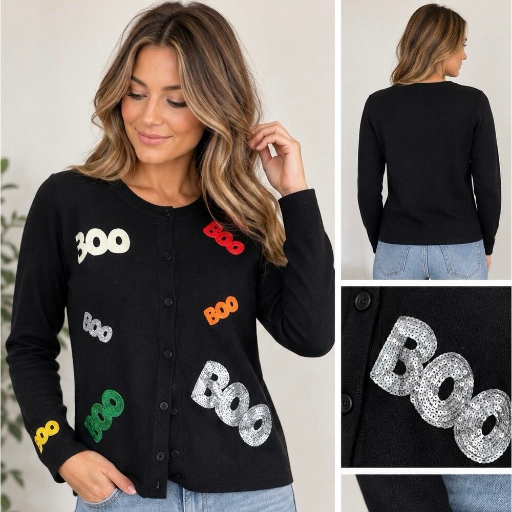 Vintage Karen Scott Halloween sequined embroidered BOO cotton cardigan small